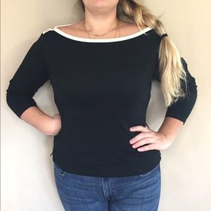 LAUREN RALPH LAUREN Black Boat Neck Button Top L